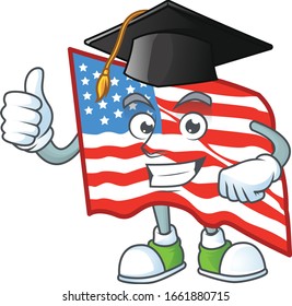 A happy character of USA flag in a black Graduation hat