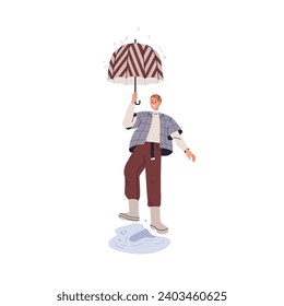 Happy character walking in rain. Smiling excited person strolling under umbrella in rainy weather, stepping into puddle in rubber boots. Flat graphic vector illustration isolated on white background