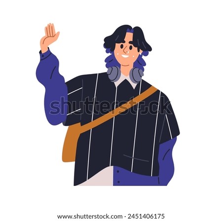 Happy character waving with hand, saying hi. Modern trendy person, joyful greeting with gesture and smile. Excited young fashion stylish girl. Flat vector illustration isolated on white background