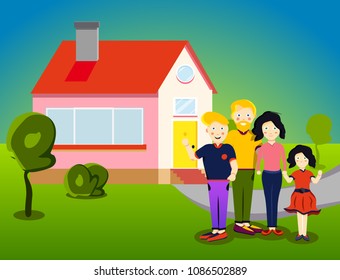 Happy character young family together at big house, home on lawn. Members of family portrait: father, mother, daughter, son, child, sister. Modern flat cartoons vector illustration. Isolated on white.