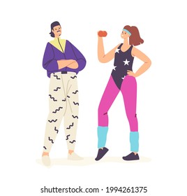 Happy Characters In 80s 90s Fashion Style Clothes And Hairstyle. Woman In Pink Leggings, Gaiters And Swimsuit Training, Stylish Man In Oversize Pants, Retro Party. Cartoon People Vector Illustration