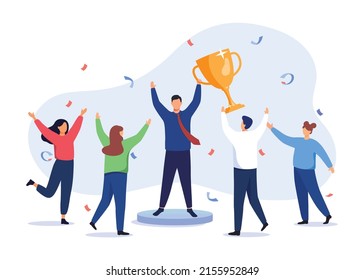 Happy characters with award or trophy. Business achievement and teamwork concept. Office employees team winning gold cup. Vector illustration.