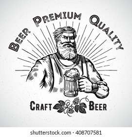 Happy characters brewer or craftsman's holding a mug full of beer, in engraving style.
