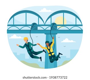 Happy characters is bungee jumping from a bridge. Young fearless couple is enjoing jumping. Flat abstract outline cartoon vector illustration concept design. Simple art isolated on white background.