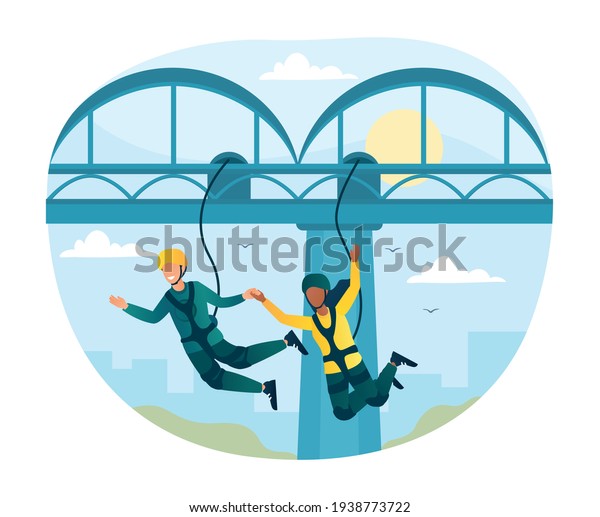 Happy characters is bungee jumping from a\
bridge. Young fearless couple is enjoing jumping. Flat abstract\
outline cartoon vector illustration concept design. Simple art\
isolated on white\
background.