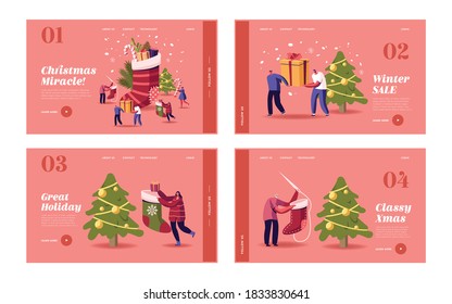 Happy Characters Celebrate Christmas Party Landing Page Template Set. People at Huge Sock with Gifts and Decorated Fir Tree with Garlands and Confetti, New Year Bash Event. Cartoon Vector Illustration