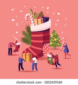 Happy Characters Celebrating Christmas Party Having Fun and Dancing at Huge Sock with Gifts and Decorated Fir Tree with Garlands and Confetti, New Year Bash Event. Cartoon People Vector Illustration