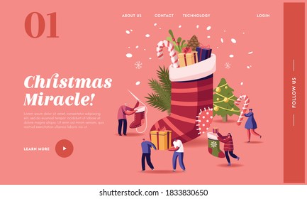 Happy Characters Celebrating Christmas Party Landing Page Template. People at Huge Sock with Gifts and Decorated Fir Tree with Garlands and Confetti, New Year Bash Event. Cartoon Vector Illustration