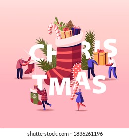 Happy Characters Celebrating Christmas Party Concept. Tiny People Dancing at Huge Sock with Gifts and Decorated Fir Tree Branch, New Year Bash Event Poster Banner Flyer. Cartoon Vector Illustration