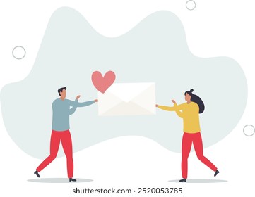 Happy characters celebrating . Couple of lovers holdings love letter.flat design with people.