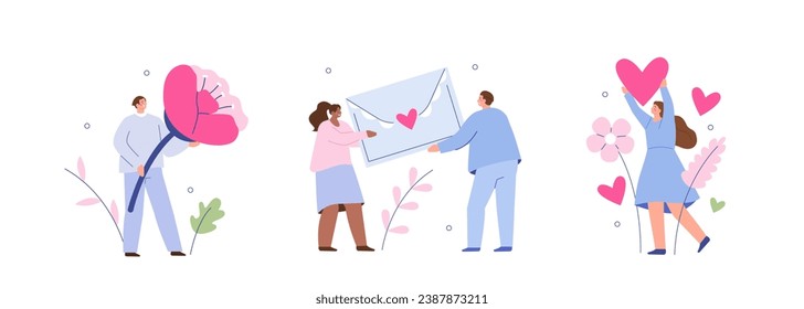 Happy characters celebrating Valentine's day. Couple of lovers holding love letter, hearts, valentines, flowers. Celebrating 14 February together. Vector illustration isolated on white background 