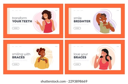 Happy Characters Correct Teeth Landing Page Template Set. Smiling Faces Of People With Braces, Proud Of Their Journey To Straighter Teeth And Improved Confidence. Cartoon People Vector Illustration