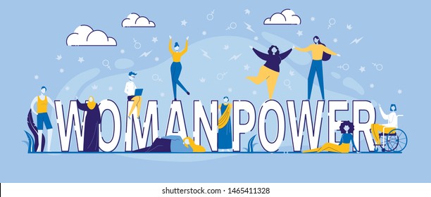 Happy Characters Dance around Woman Power Typography on Nature Background. Different Size, Ethnicity and Race, Healthy, Disabled Girls Body Positive Movement, Cartoon Flat Vector Illustration, Banner