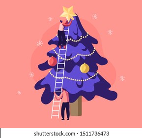 Happy Characters Decorate Christmas Tree. Young Man Holding Ladder, Woman Put Golden Star on Top. Couple Prepare for New Year or Christmas Party Celebration at Home. Cartoon Flat Vector Illustration