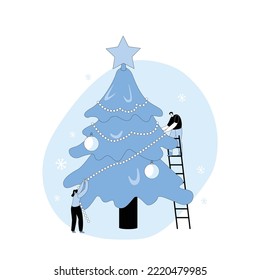 Happy Characters Decorate Christmas Tree. Young Man And Woman On Ladder Hanging Garland. Tiny Characters Couple Prepare For New Year Or Christmas Party Celebration At Home. Cartoon Vector Illustration