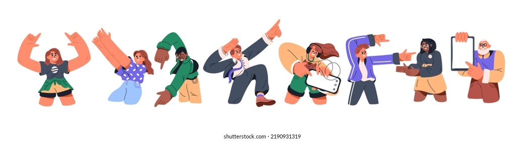 Happy characters gesturing with hands, showing, advertising smth. People in funny poses presenting, pointing with fingers up, down, side. Flat graphic vector illustration isolated on white