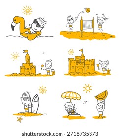 Happy characters having fun with beach activities and recharging energy during summer break.