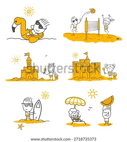 Happy characters having fun with beach activities and recharging energy during summer break.