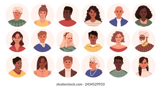 Set de retratos de la cabeza de personajes felices. Multirracial, personas de diferentes edades. Diversos avatares multiétnicos masculinos y femeninos. Iconos de perfil de usuario redondos planos vectoriales aislados sobre fondo blanco.