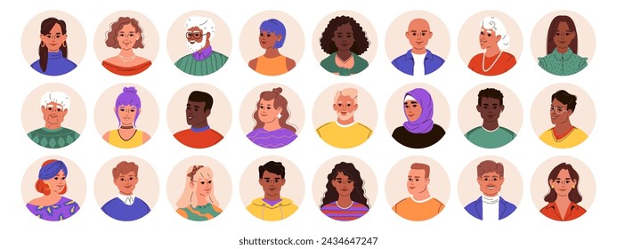 Set de retratos de la cabeza de personajes felices. Multirracial, personas de diferentes edades. Diversos avatares multiétnicos masculinos y femeninos. Iconos de perfil de usuario redondos planos vectoriales aislados sobre fondo blanco.