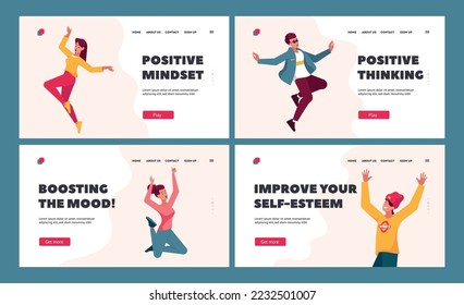 Happy Characters Jump Landing Page Template. Group Of Laughing People Jumping Up And Celebrating Victory. Energetic And Cheerful Men And Women Having Fun, Waving Hands. Cartoon Vector Illustration