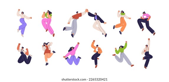 Happy characters jumping from joy, fun. Young excited people celebrating success, achievement. Free active men, women with positive energy. Flat vector illustrations set isolated on white background - Shutterstock ID 2265320421