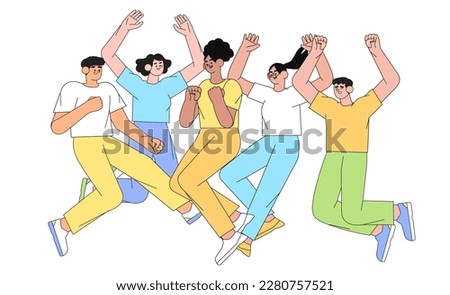 Happy characters jumping from joy, fun. Young excited diverse group of people celebrating success, achievement. Free active men, women with positive energy. Concept for web banner, mobile application.