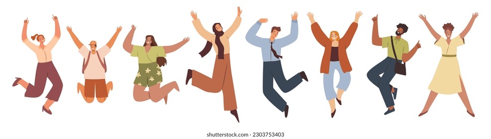 Happy characters jumping from joy, people have fun, celebrating. Young excited people celebrate achievement. Free active men, women with positive energy. Flat vector illustration of successful people