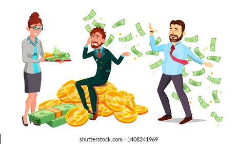 Happy Characters Man And Woman Millionaire Vector. Very Rich Female With Cash On Salver, Male Sitting Mountain Of Coins And Millionaire Magnate Bathing In Money. Flat Cartoon Illustration