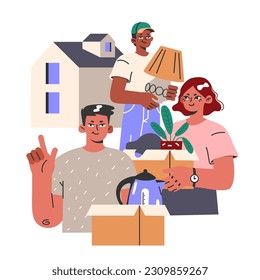 Happy characters moving into or out of house. People holding boxes with household items. New home for co-living. Relocation help from friends. Flat vector illustration