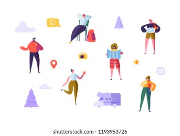 Happy Characters on Vacation. Travel on Car Concept with Flat People Travelers. Man and Woman Traveling. Tourists with Map and Backpack. Vector illustration