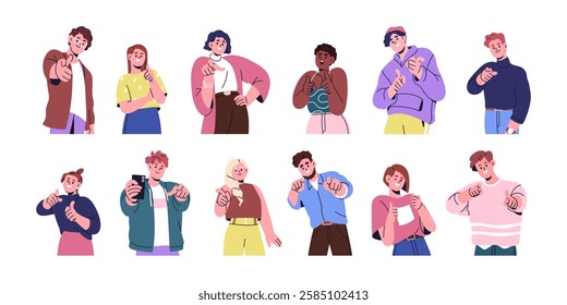 Happy characters pointing at you with inviting hand gesture. Smiling people choosing, recruiting, hiring, wanting with finger, indicating choice. Flat vector illustration isolated on white background