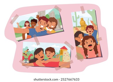 Happy Characters Posing And Smiling During Various Outdoor Activities In A photo Cards Collage. People Enjoy A Playground, A Park Visit, And Travel, Capture The Essence Of Friendship And Exploration