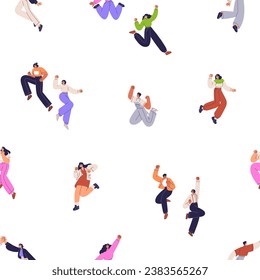 Happy characters, seamless pattern. Young people jumping from joy and fun, celebrating. Excited men, women exulting. Repeating print, endless background. Colored flat graphic vector illustration. - Shutterstock ID 2383565267