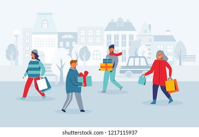 Happy Characters Shopping on Winter Holidays. People with Christmas Gifts on City Street. Woman and Man with Shopping Bags on New Year. Vector illustration