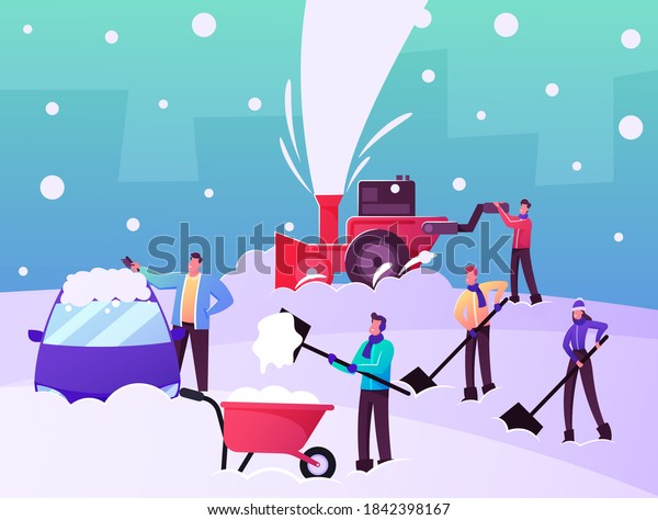 Happy Characters Shoveling and Removing Snow\
from Street Using Shovels and Snowblower for Cleaning Road and Cars\
after Snowfall. Winter Time Activity, Teamwork. Cartoon People\
Vector Illustration