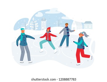 Happy Characters Skating on Ice Rink. Winter Season People Ice Skaters. Cheerful Man and Woman in Winter Clothes on Snowy Landscape. Vector illustration