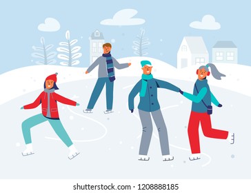 Happy Characters Skating on Ice Rink. Winter Season People Ice Skaters. Cheerful Man and Woman in Winter Clothes on Snowy Landscape. Vector illustration