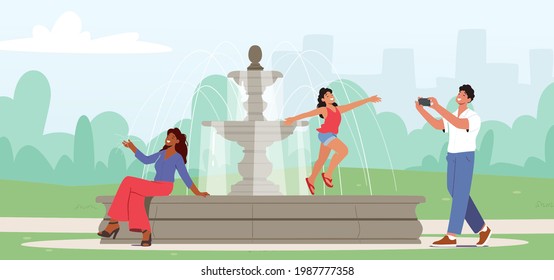 Happy Characters Summer Time Outdoor Recreation, Leisure, Relax. People Walking in City Park, Little Girl Posing for Father on Fountain, Woman Sitting on Parapet. Cartoon People Vector Illustration