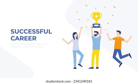 Happy characters with winner cup celebrate career successes. Achievements in the work vector. Modern flat illustration