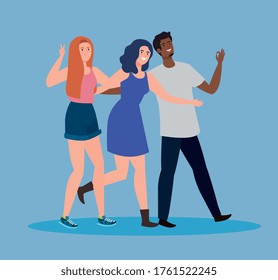 happy characters, women and men, group young people, friendship excitement, cheerful laughing from happiness vector illustration design