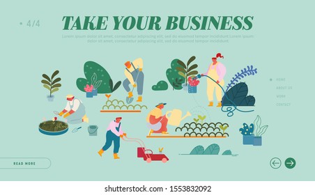 Happy Characters Working in Summer Garden Website Landing Page. Men and Women Farmers or Gardeners Planting and Caring of Trees and Plants. Gardening Web Page Banner. Cartoon Flat Vector Illustration