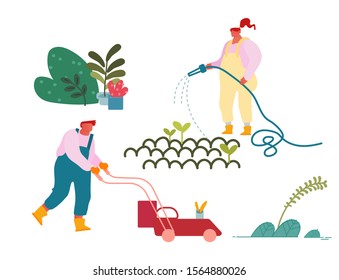 Personajes felices trabajando en el Jardín de Verano. Hierro de labranza, agricultora o jardinera plantando y cuidando plantas y flores de agua. Hobby de jardinería u ocupación. Ilustración de vectores planos de caricaturas