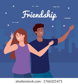 happy characters, young woman with man, friendship excitement, cheerful laughing from happiness vector illustration design