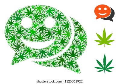 Happy chat composition of marijuana leaves in different sizes and green hues. Vector flat marijuana objects are united into happy chat composition. Drugs vector design concept.