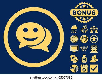 Happy Chat icon with bonus design elements. Vector illustration style is flat iconic symbols, yellow color, blue background.