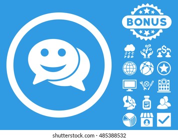 Happy Chat icon with bonus design elements. Vector illustration style is flat iconic symbols, white color, blue background.