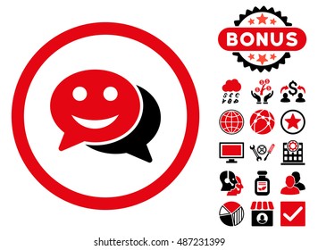 Happy Chat icon with bonus design elements. Vector illustration style is flat iconic bicolor symbols, intensive red and black colors, white background.