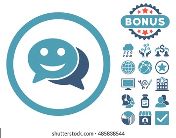Happy Chat icon with bonus pictogram. Vector illustration style is flat iconic bicolor symbols, cyan and blue colors, white background.