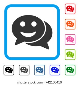 Happy Chat icon. Flat grey pictogram symbol in a light blue rounded squared frame. Black, gray, green, blue, red, orange color variants of Happy Chat vector. Designed for web and app UI.